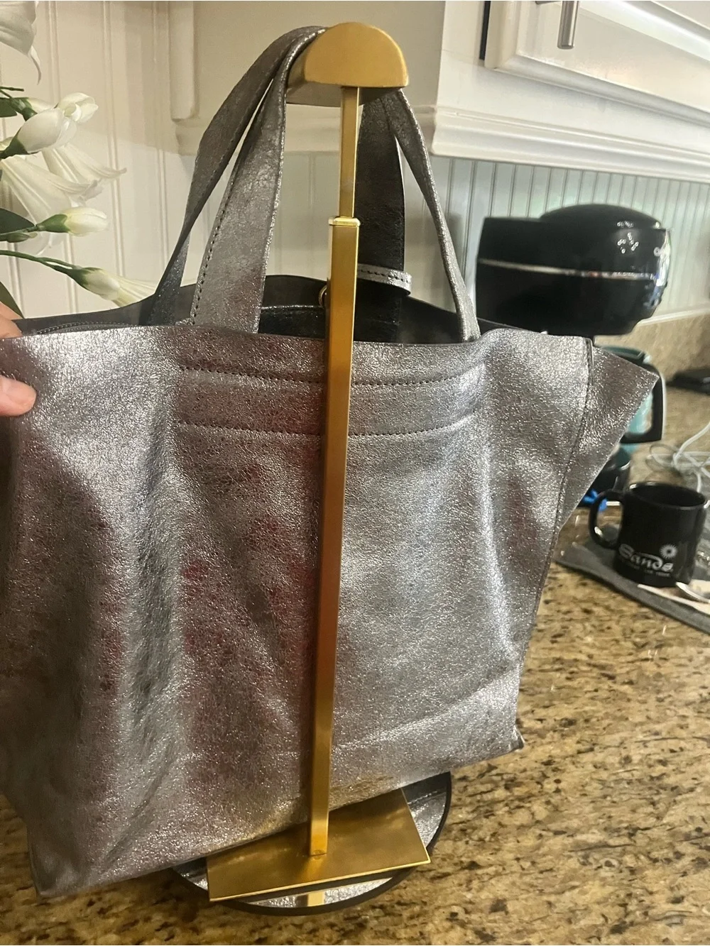GUC Furla Silver Metallic Tote Bag with F Charm